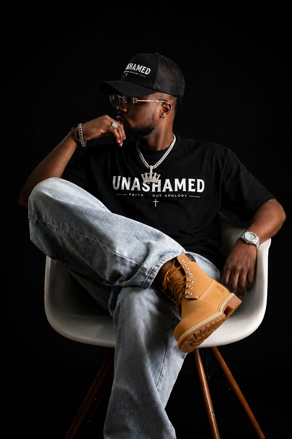 Model wearing the UNASHAMED tee