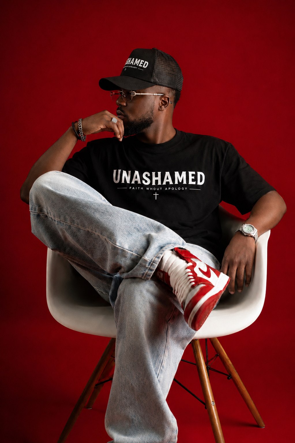 Model wearing the UNASHAMED tee
