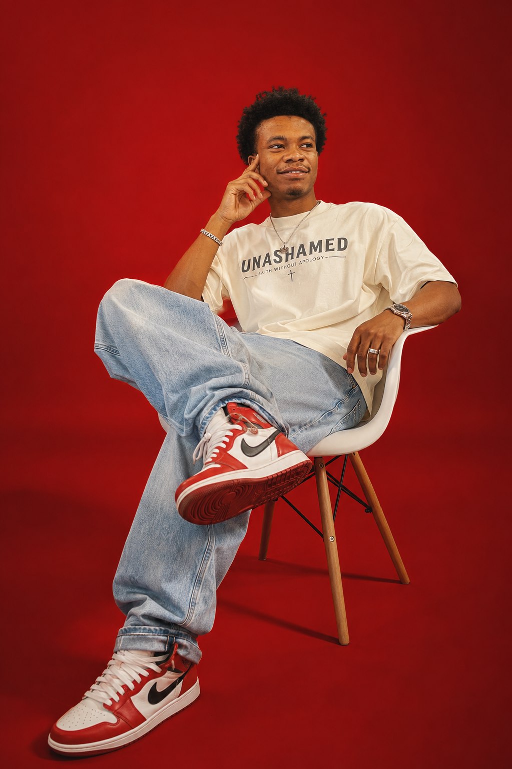 Model wearing the UNASHAMED tee