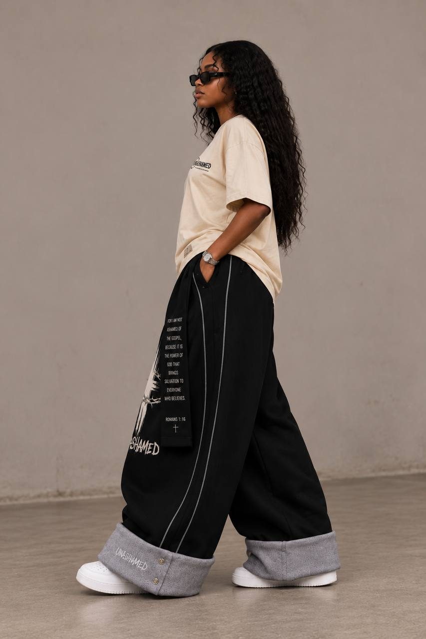Side view of the Crown of Thorns cuffed pants