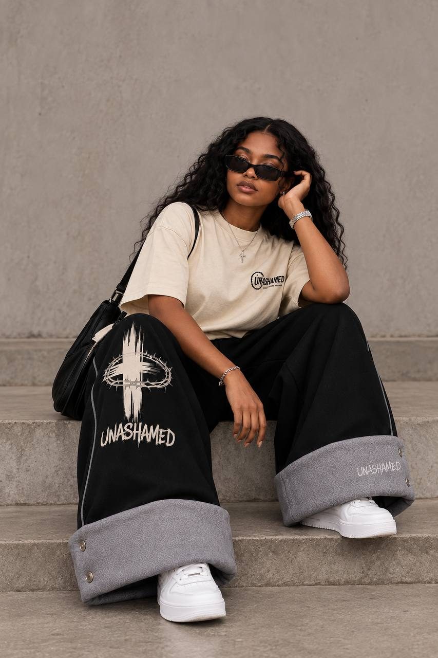 Woman seated in the Crown of Thorns cuffed pants
