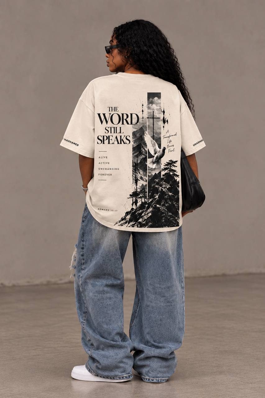 Back of the cream Word Still Speaks tee