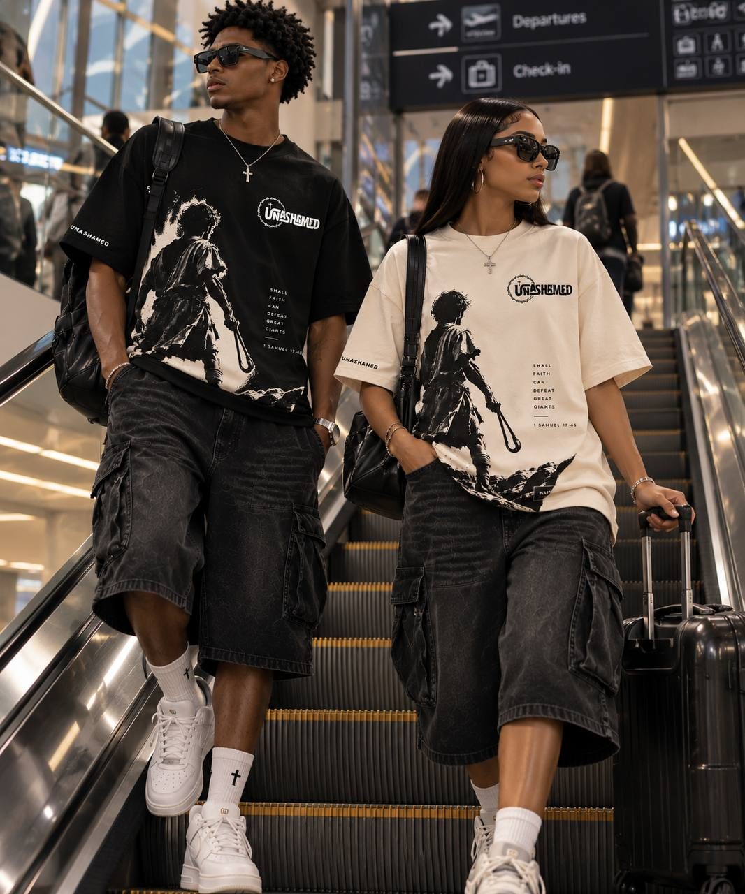 Two friends in Different on Purpose tees on an airport escalator